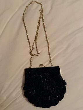 Vintage Black Beaded Evening Clutch with Gold Chain Strap
